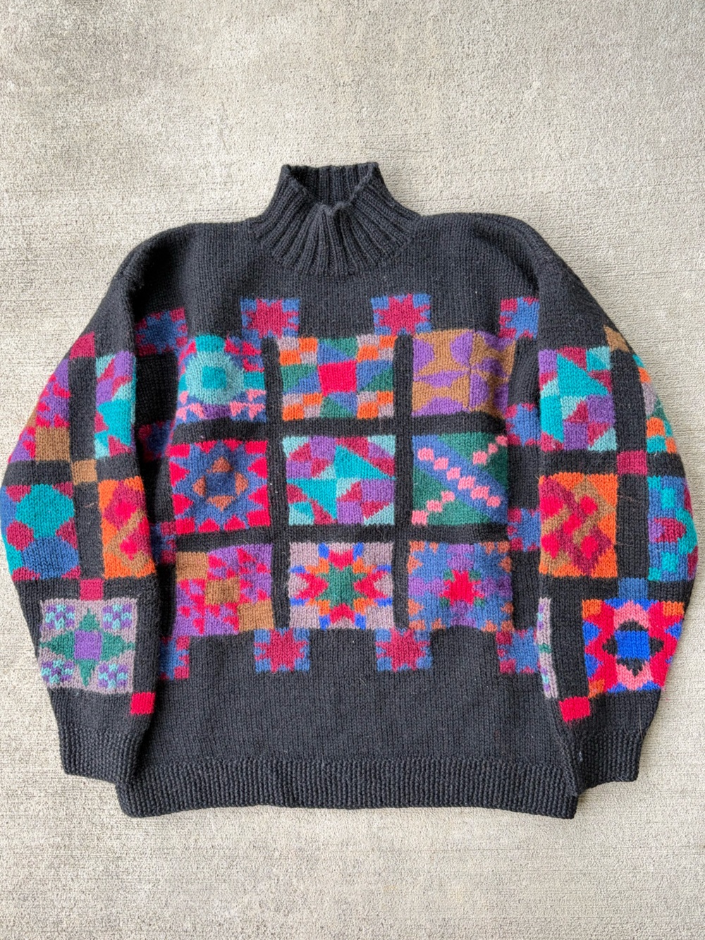 Vintage 90s LLbean 100% wool knit granny square boho sweater jumper top rainbow - Picture 5 of 7